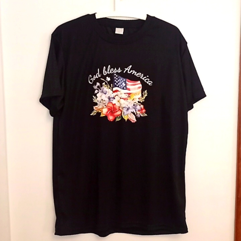 Patriotic American Flag God Bless America 4th of July Tee Shirt Sz. L